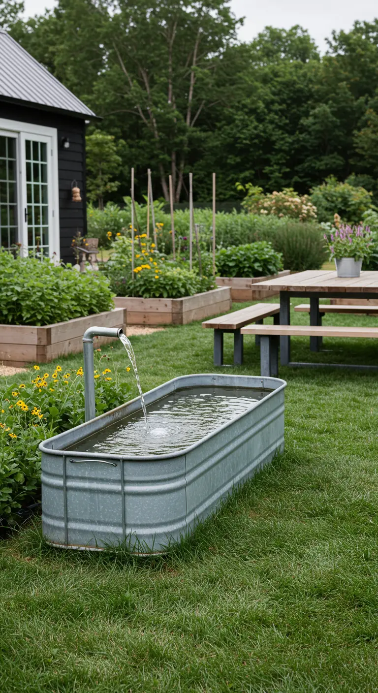 Landelijke tuin met gegalvaniseerde zinken trogfontein bij verhoogde moestuinbedden.