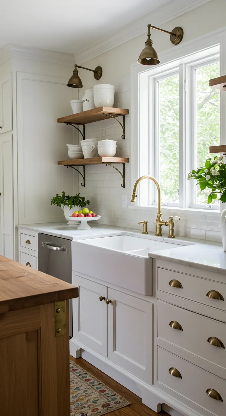 Witte landelijke keuken met open houten planken op messing beugels, messing kraan en wandlampjes.