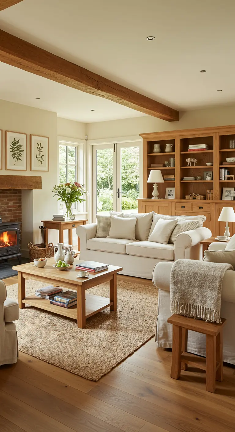 Landelijke woonkamer met eikenhouten boekenkast, beige bank en open haard.