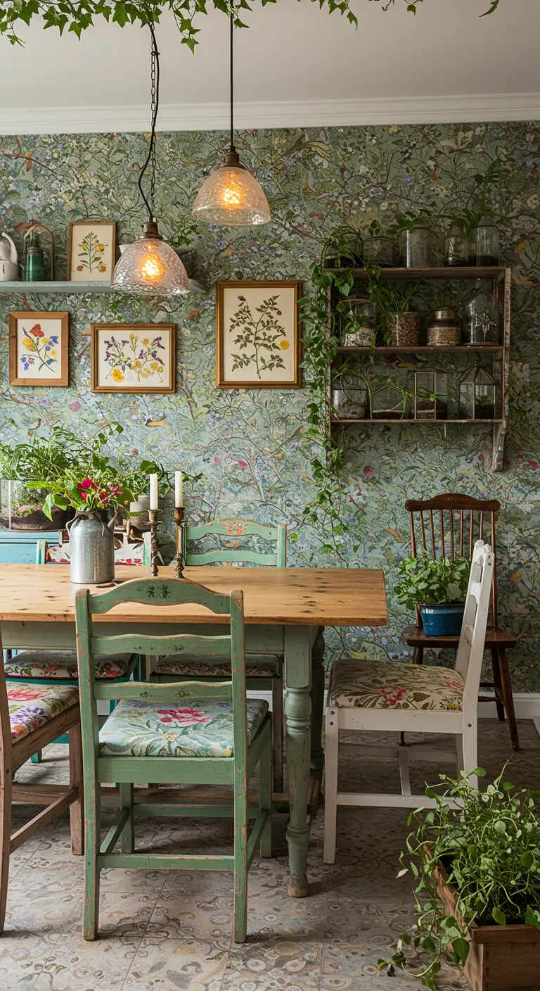 Landelijke eetkamer met bloemenwandtapijt, donkerhouten tafel, olijfgroene fluwelen stoelen, kroonluchter en planten.