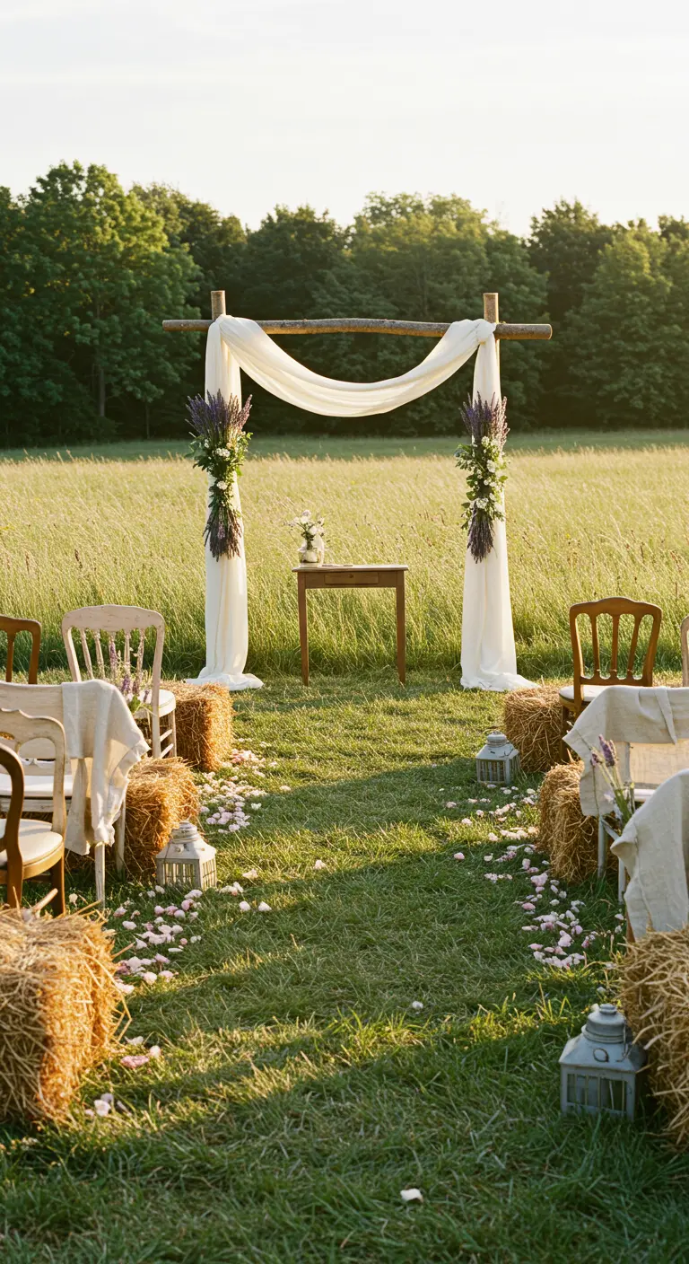 Rustieke ceremonieboog met witte doeken en bloemen in een weiland, hooibalen als zitplaatsen.