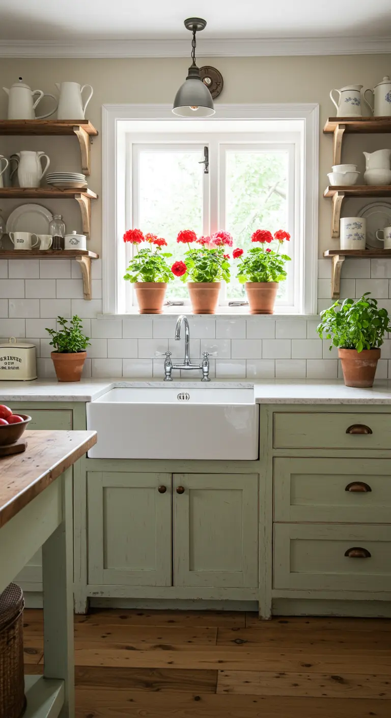 Landelijke zachtgroene keuken met witte tegels en rode geraniums in het raamkozijn.