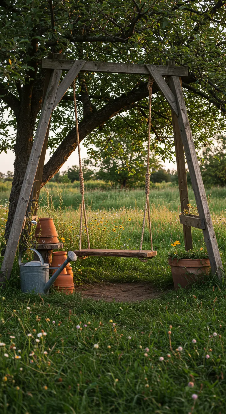 Houten plankenschommel aan een A-frame van takken in een bloemenweide.