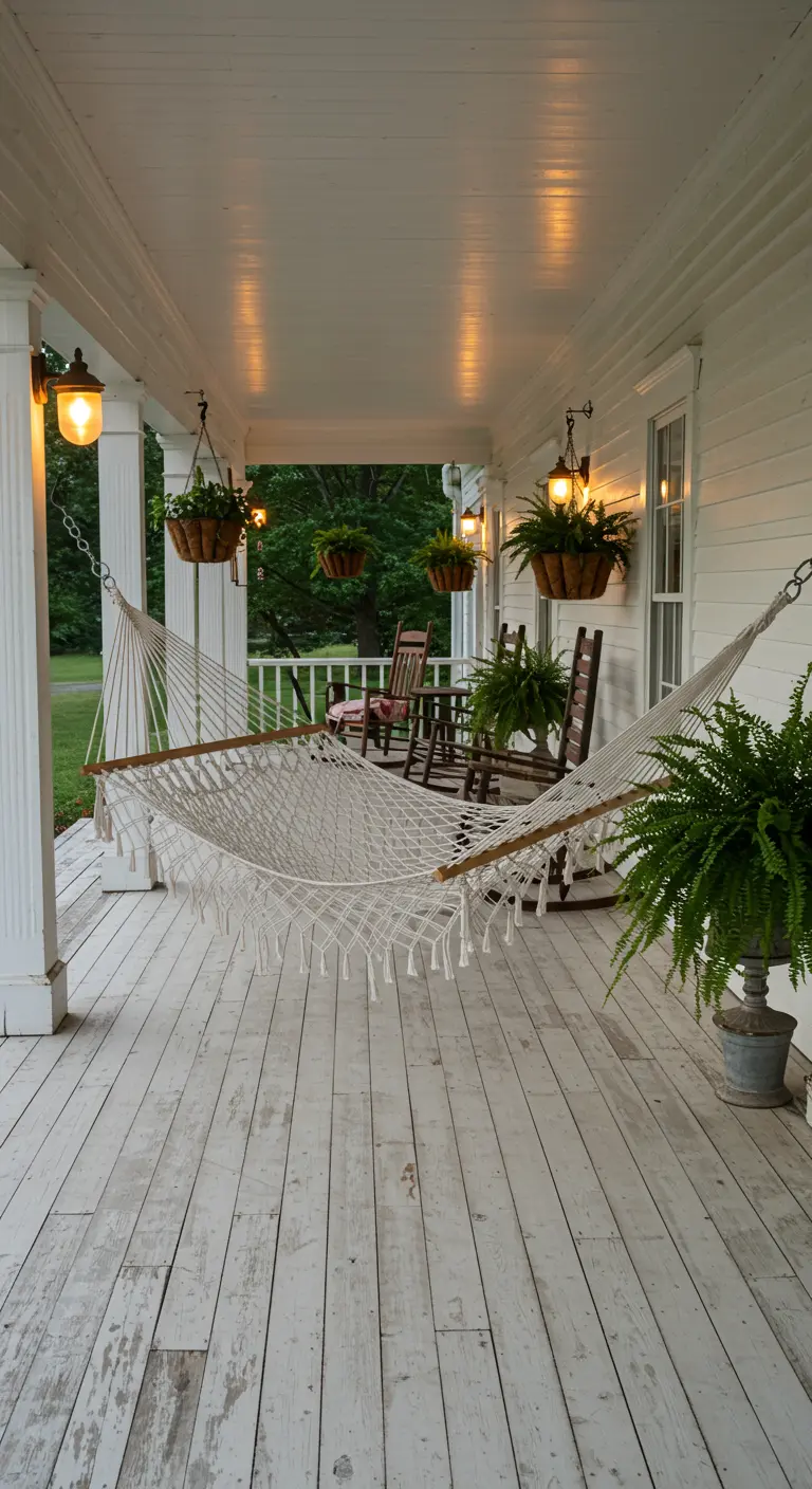 Witte macramé hangmat op een landelijke veranda met witte planken en hangplanten.