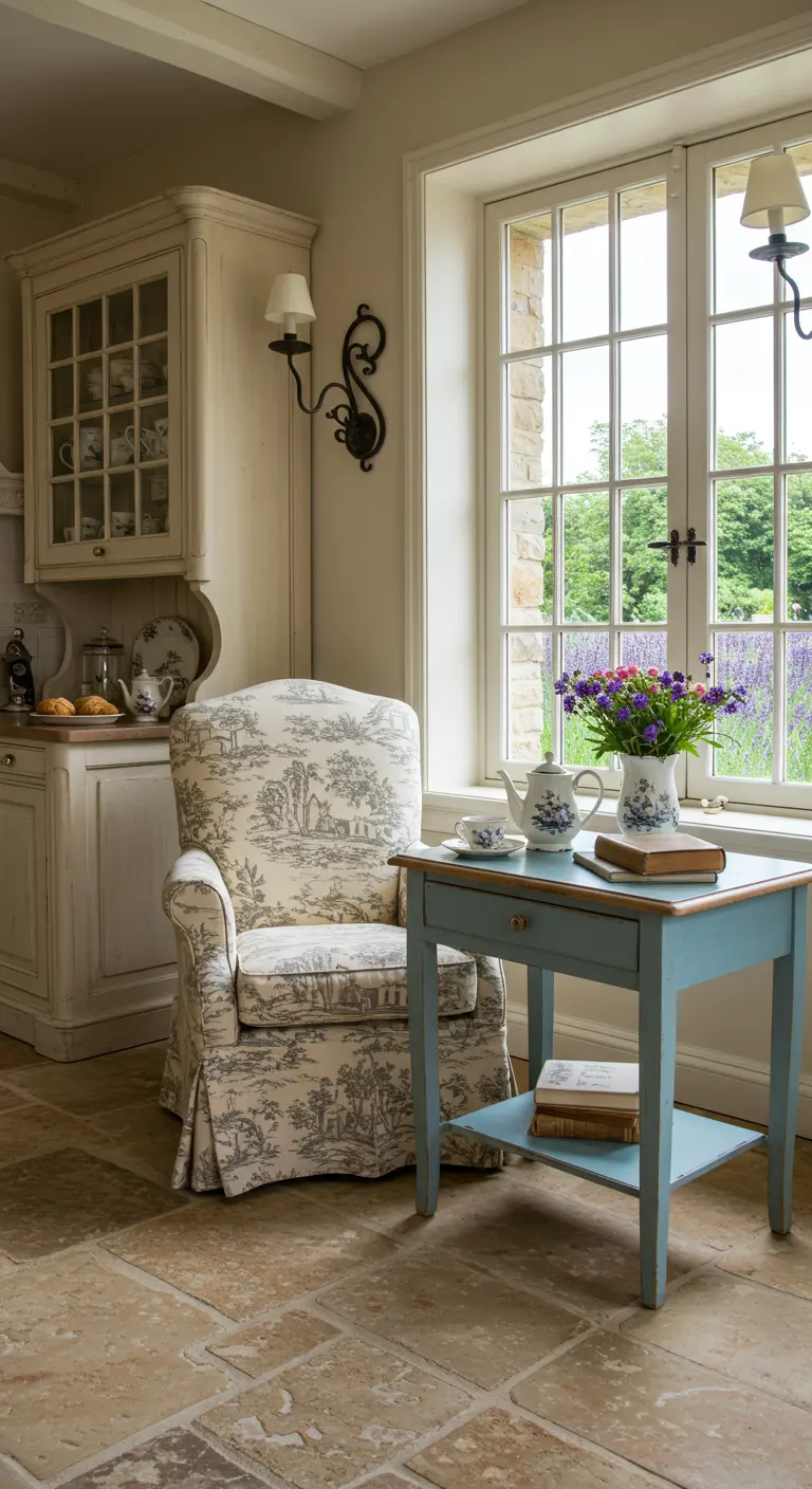 Landelijk theehoekje met fauteuil, blauw tafeltje en uitzicht op lavendelveld.
