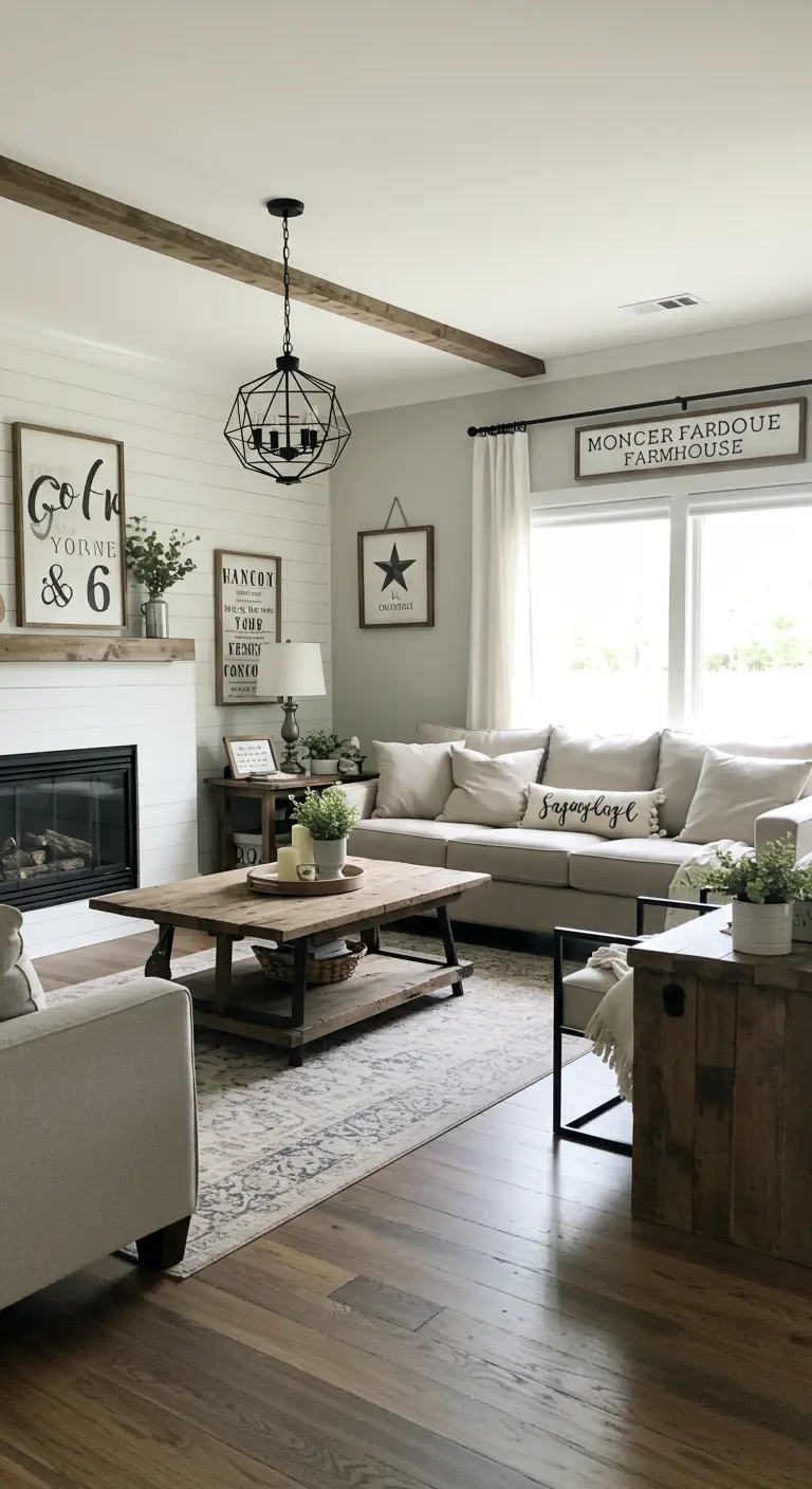Modern farmhouse woonkamer met witte shiplap, houten balken en landelijke decoraties.