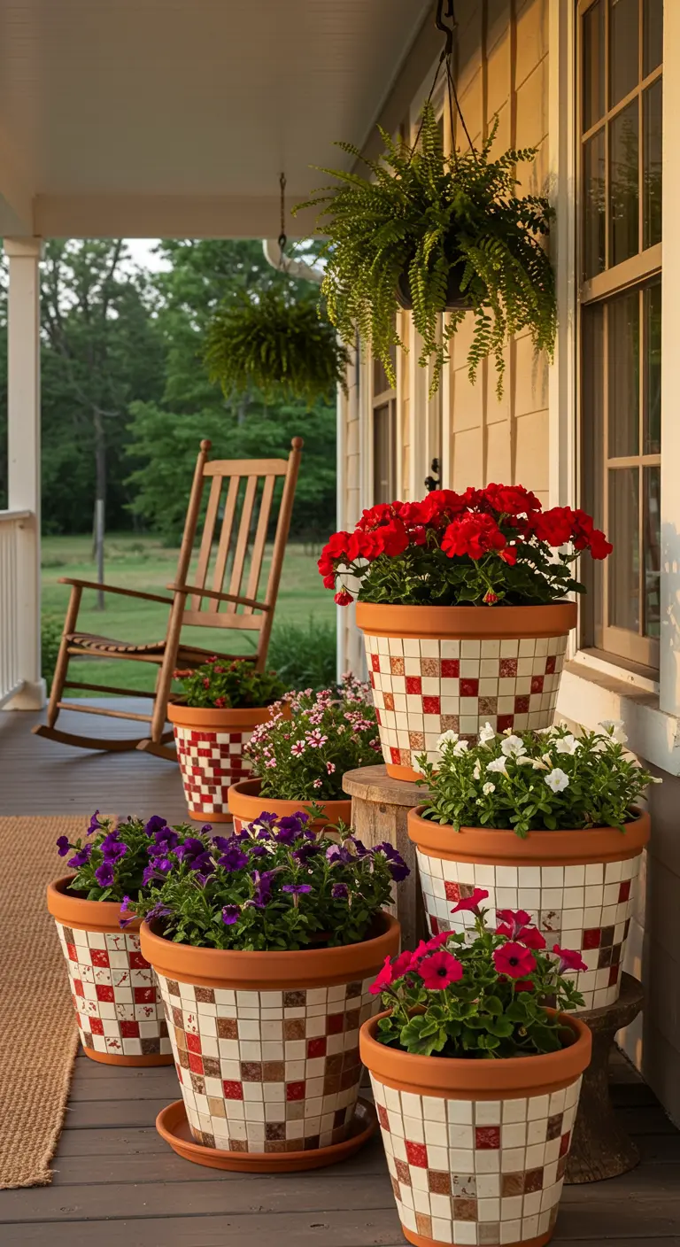 Terracotta bloempotten met rood-wit geblokt mozaïek en bloeiende planten op een veranda.