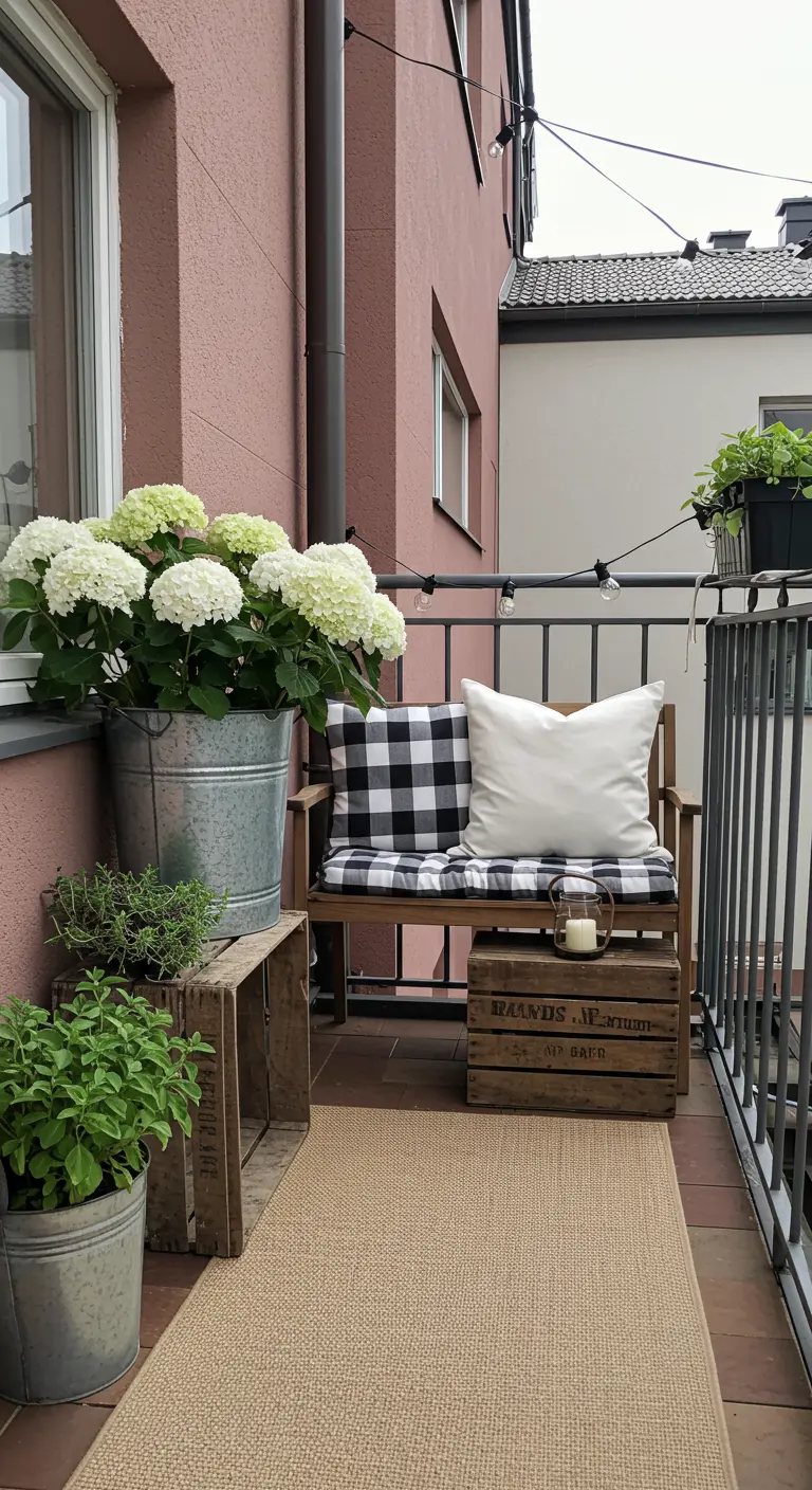 Balkon landelijke stijl met houten bankje, zinken emmers met witte hortensia's, kratjes.