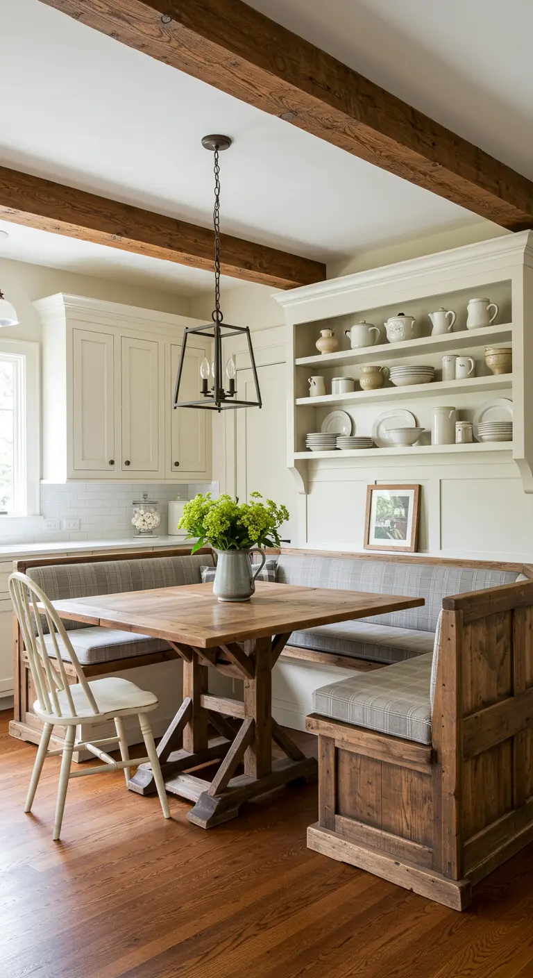 Landelijke eethoek met houten hoekbank, rustieke tafel en open planken met servies.