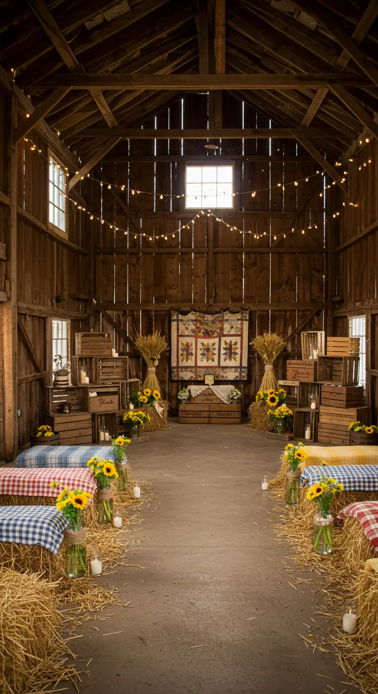 Rustieke schuurceremonie met strobalen, zonnebloemen, quilt en lichtslingers.