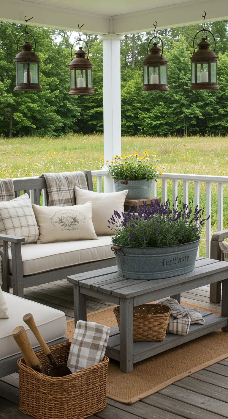 Houten loungeset op veranda met ruitjeskussens, lavendel in zinken bak en hangende lantaarns.