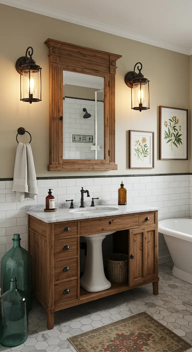 Landelijke badkamer met houten meubel en lantaarn-stijl wandlampen.