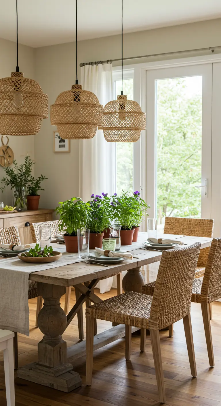 Boerderijstijl eethoek met houten tafel, rieten stoelen en grote rieten hanglampen.
