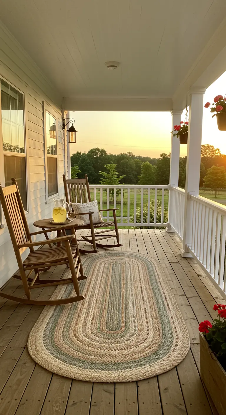 Veranda met houten schommelstoelen en een ovaal, naturel gevlochten buitenkleed bij zonsondergang.