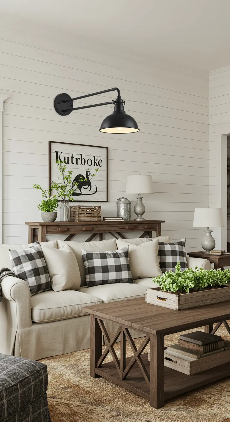 Witte houten wand met zwarte zwanenhals wandlamp boven een landelijke bank.