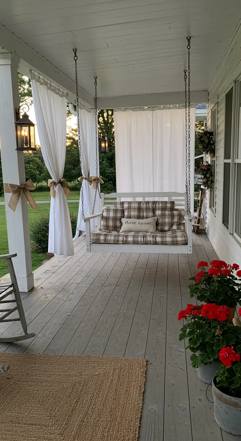 Witte schommelbank op veranda met witte gordijnen vastgebonden met jute strikken.