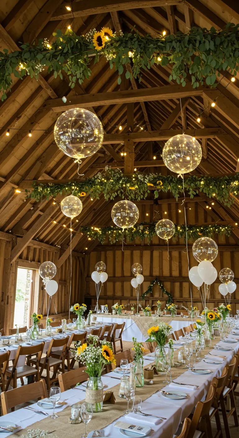 Rustieke schuur met lange tafels, zonnebloemen en transparante ballonnen met lichtjes.