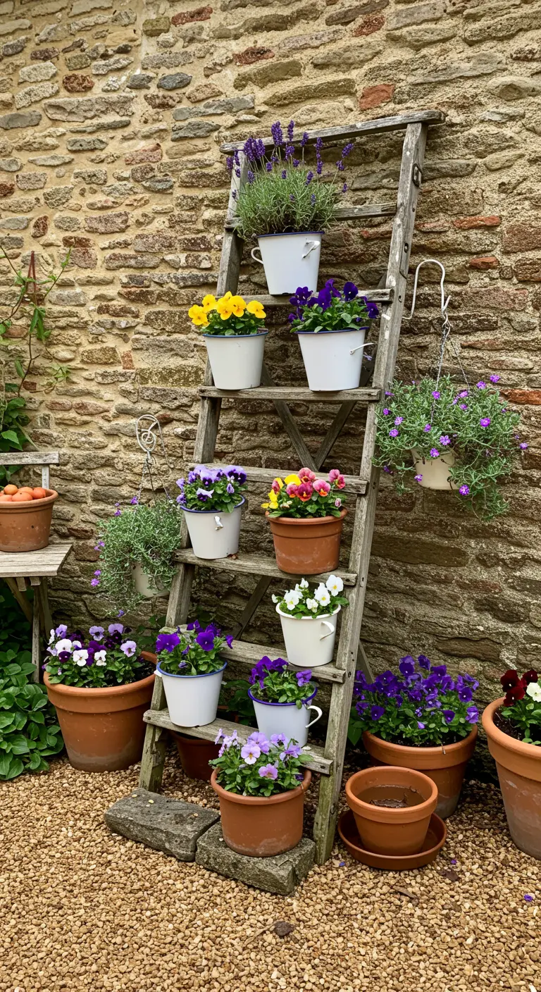 Oude houten ladder tegen stenen muur met kleurrijke bloemen in diverse potten.