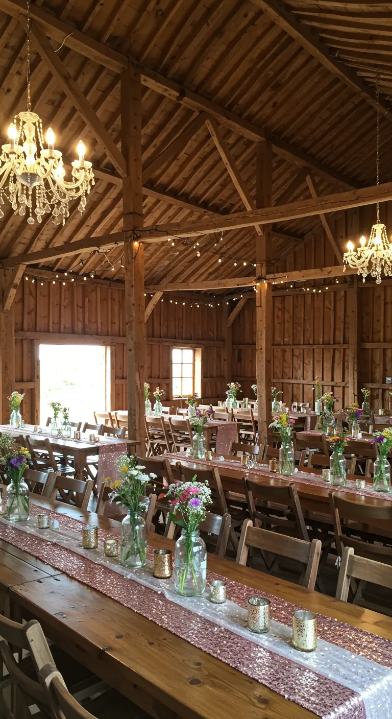 Rustieke schuur met lange houten tafels, glitterlopers en bloemen in vaasjes.