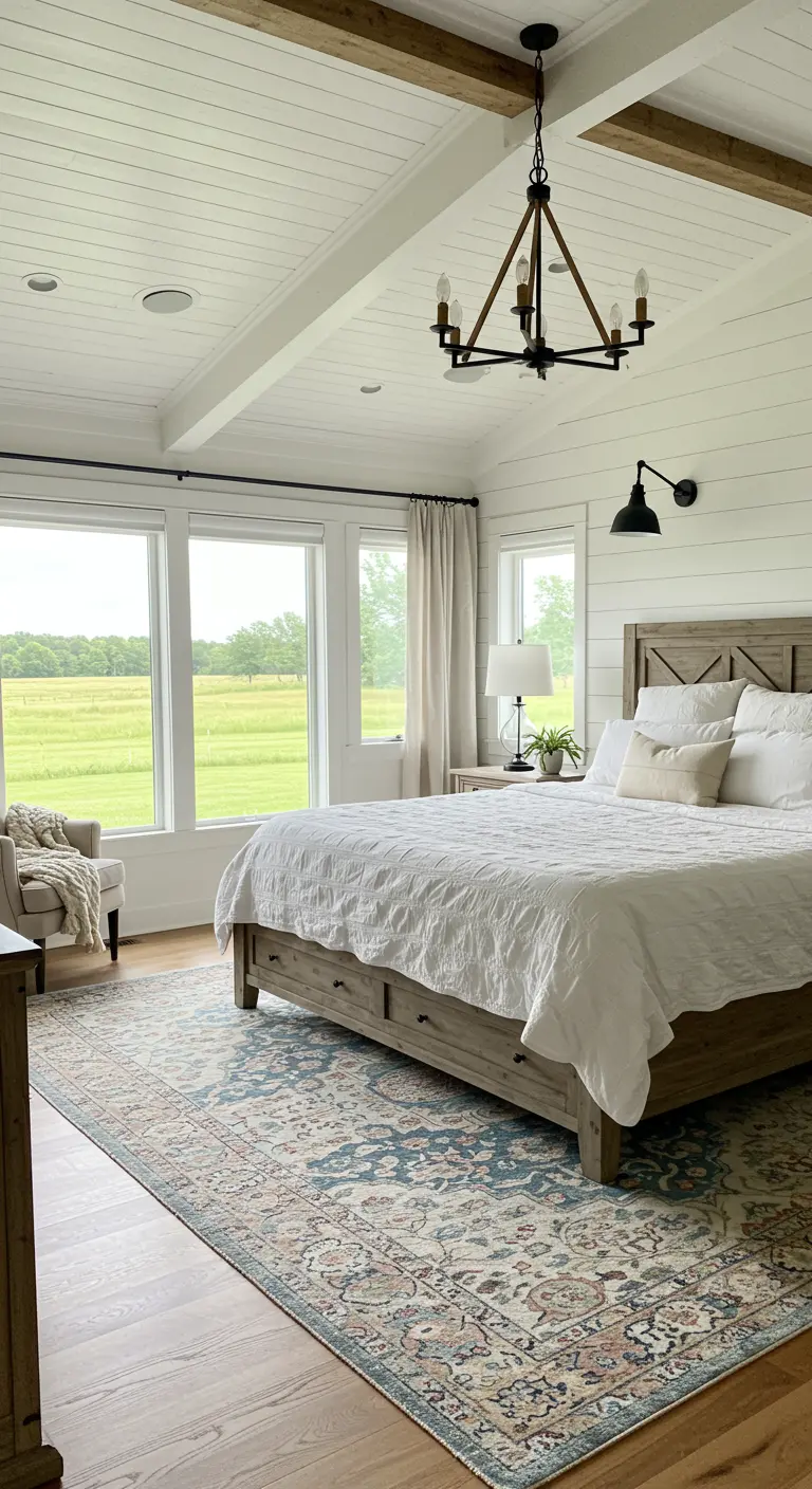 Landelijke slaapkamer met een groot vloerkleed met een zachtblauw en beige patroon.