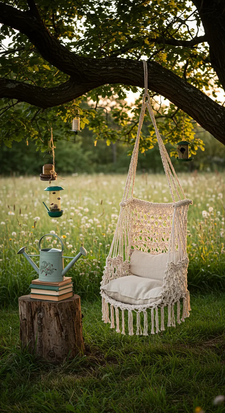 Macramé hangstoel onder een boom in een veld, met boomstronk als tafel en vogelhuisjes.