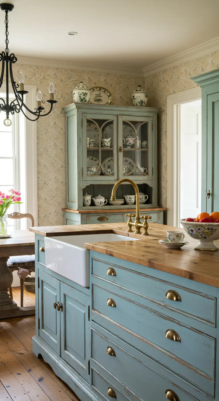 Landelijke blauwgroene keuken met houten aanrechtblad, gouden kraan en gouden knopjes.