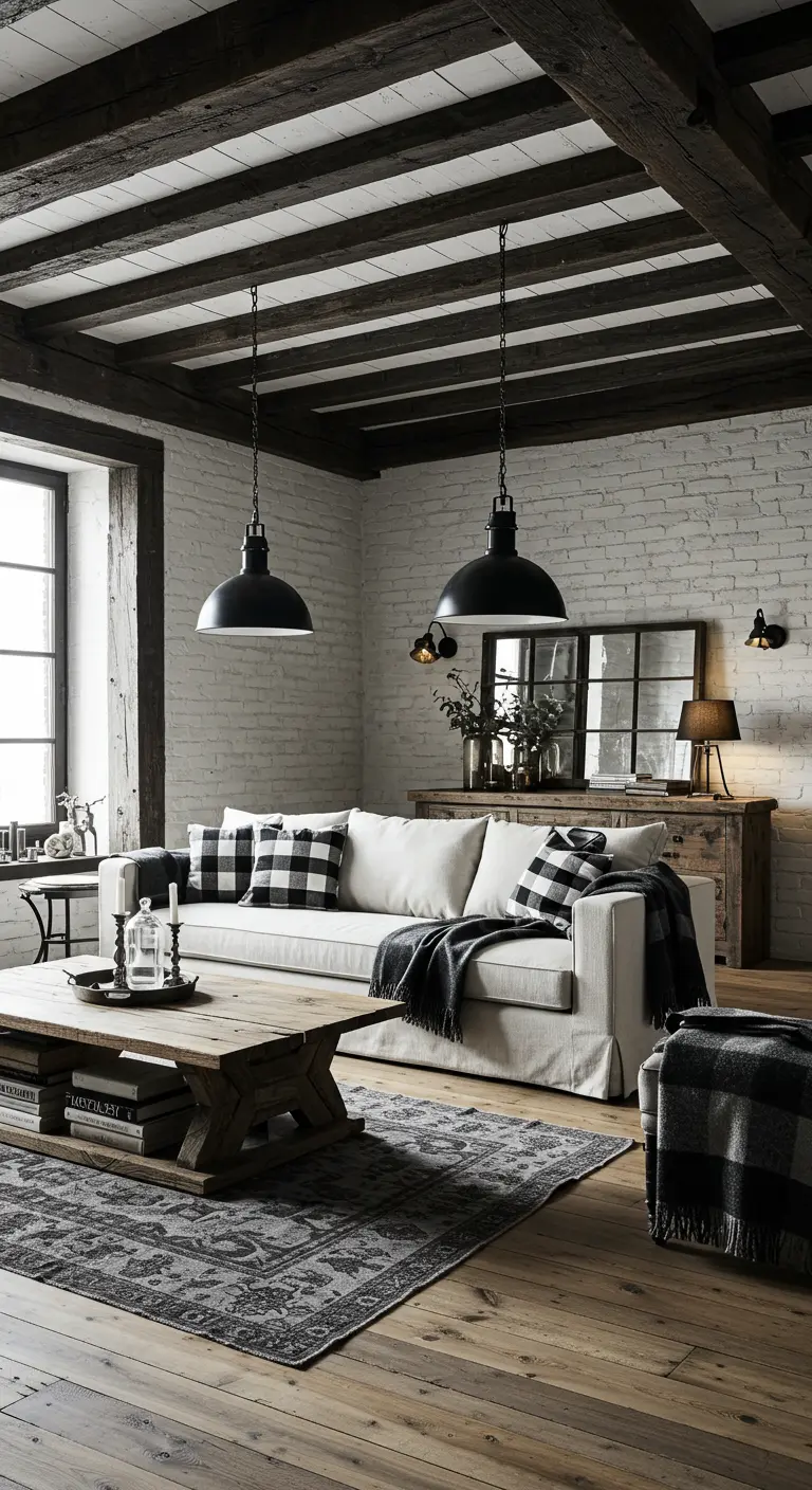 Landelijke woonkamer met witte bakstenen muur, houten balken en zwart-wit geruite kussens.