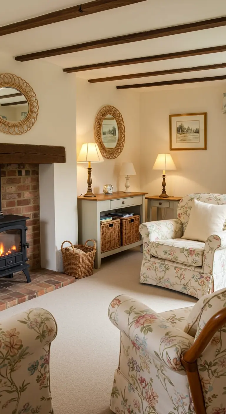Landelijke cottage woonkamer met rotan spiegels, rotan opbergmanden en bloemenfauteuils.