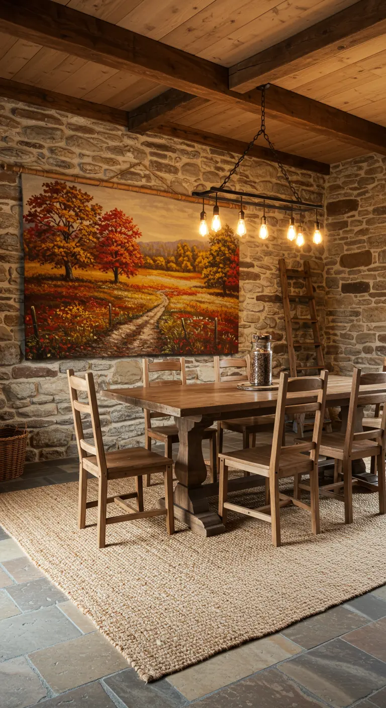 Rustieke eetkamer met stenen muur, landschap wandtapijt, houten tafel en jute vloerkleed.