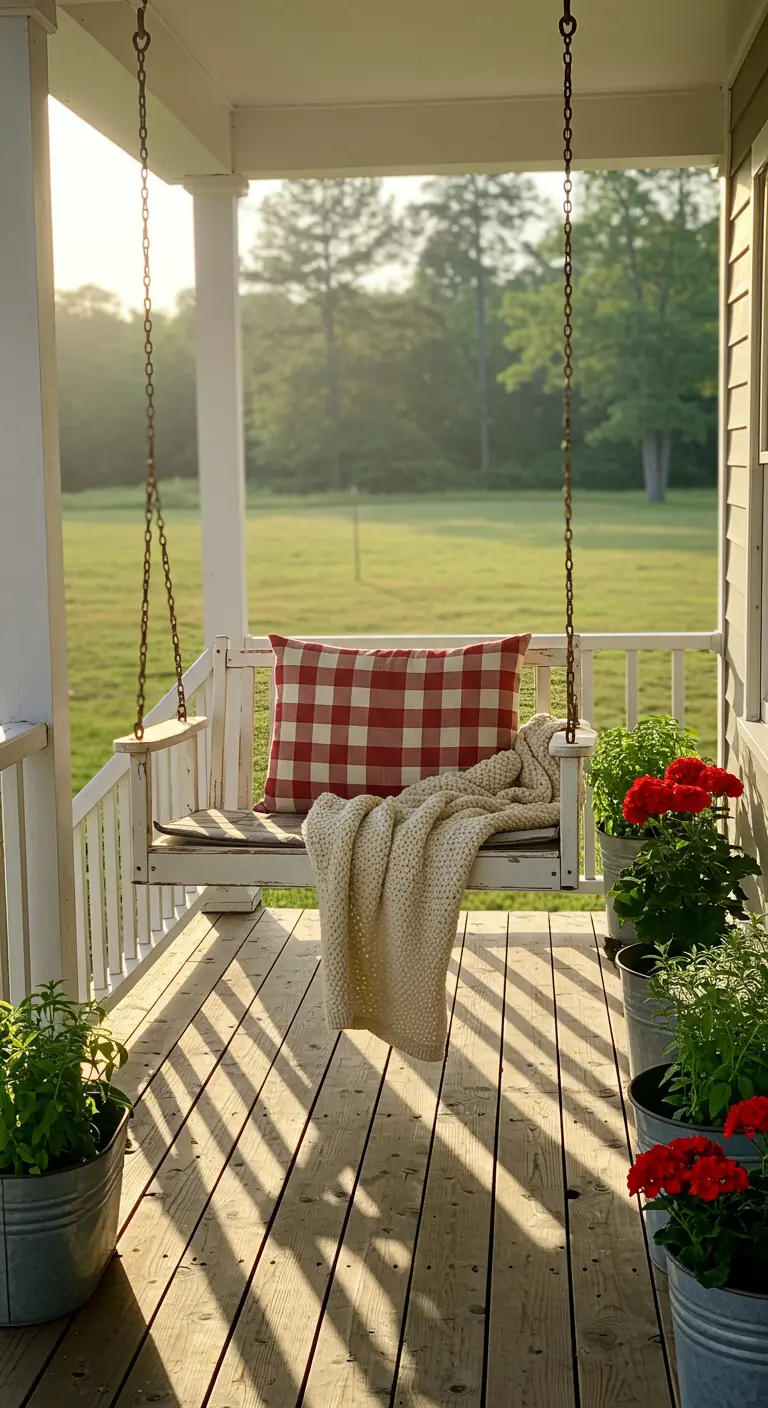 Witte houten verandaschommel met rood-wit kussen, plaid en potten met rode bloemen.
