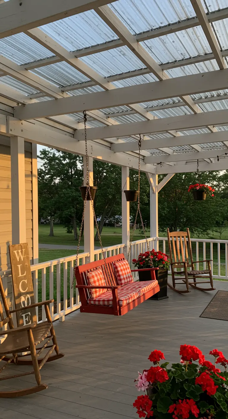 Rode schommelbank onder wit golfplaten dak op veranda met geraniums en schommelstoelen.