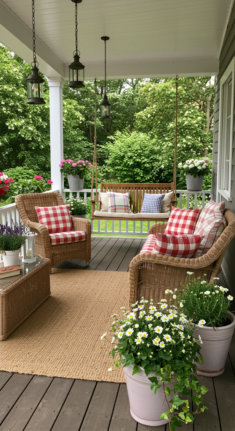 Veranda met rieten stoelen, schommelbank en rood-wit geblokte kussens.
