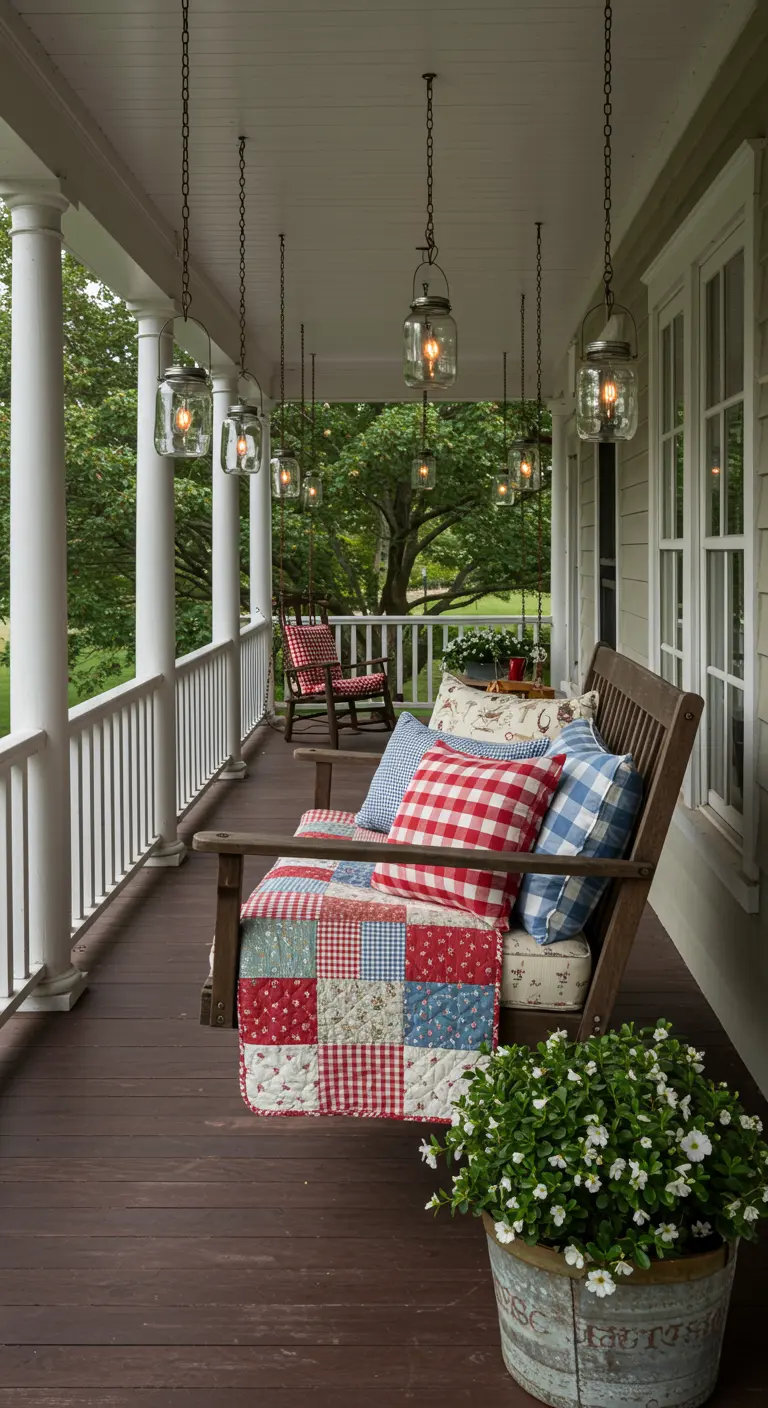 Houten veranda schommelbank met rood-wit geblokte kussens en een patchwork quilt.