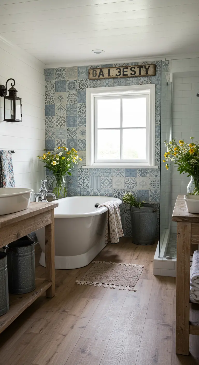 Landelijke badkamer met blauw patchwork patroon tegels en houten meubels