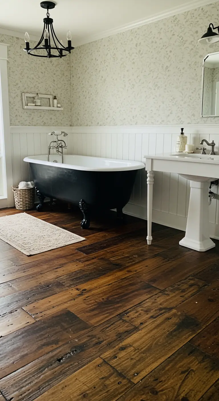Landelijke badkamer met een vloer van donkere, robuuste houten planken.