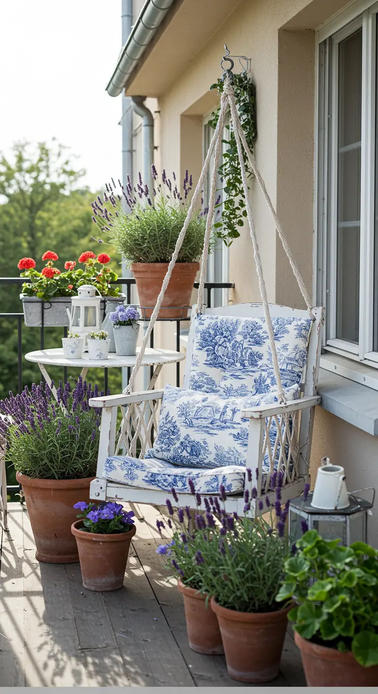 Sfeervol balkon 22 met witte houten hangstoel, Toile de Jouy kussens en lavendel