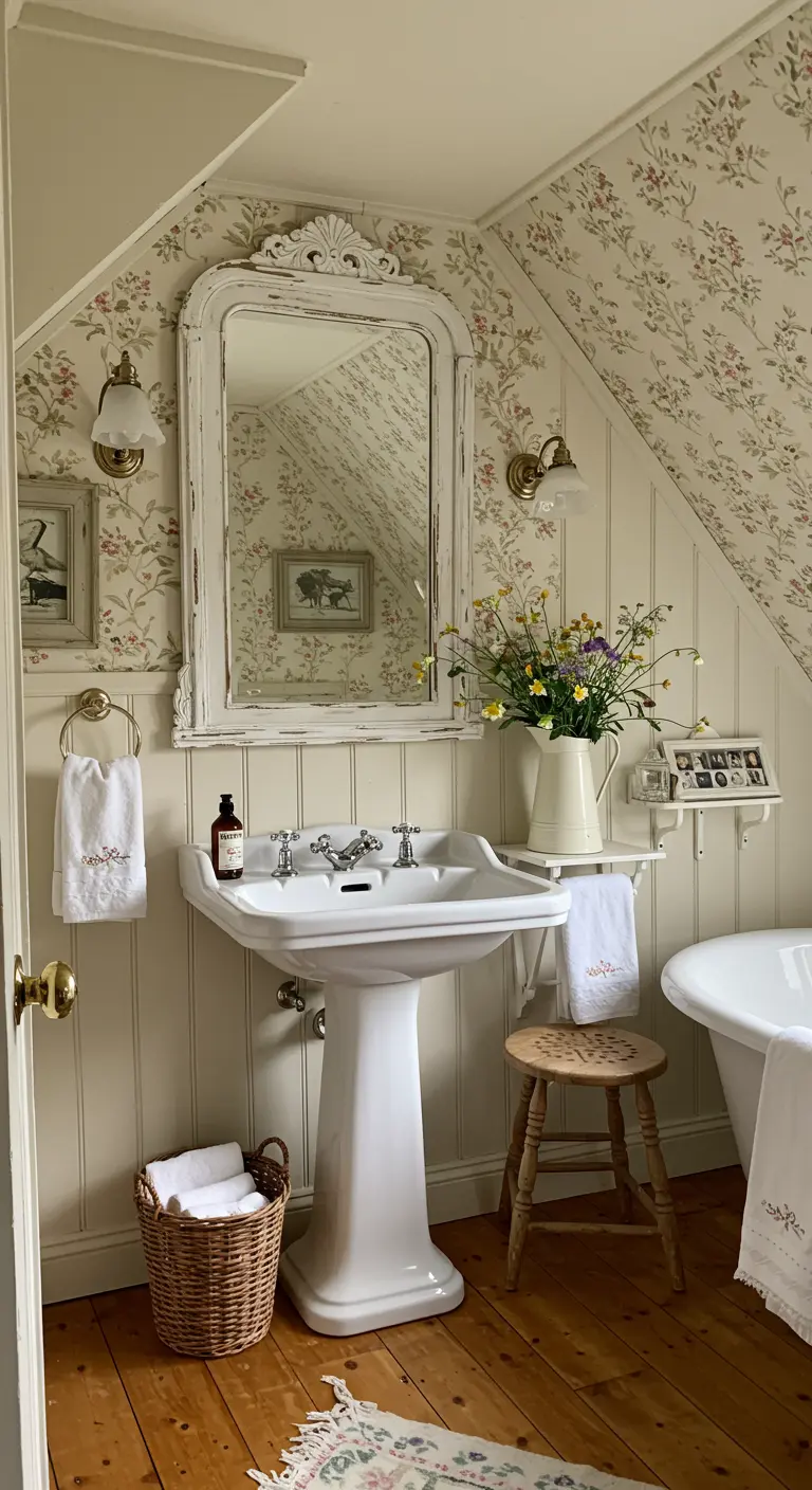 Cottage-stijl badkamer met een verweerde witte boogspiegel op een wastafel.