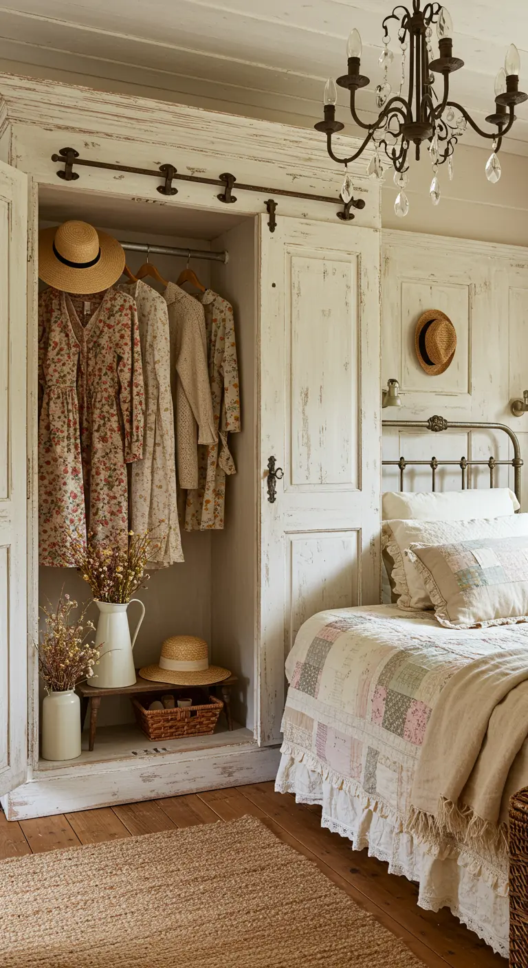 Landelijke slaapkamer met een openstaande vintage witte kast, bloemenprints en strohoeden.
