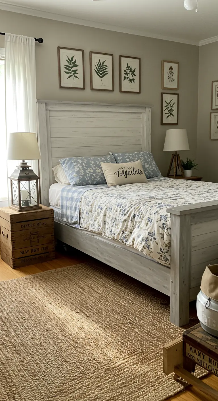 Witgekalkt houten bedframe in landelijke stijl met gebloemd beddengoed en botanische prenten.