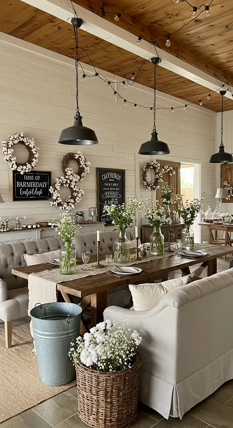 Landelijke feeststyling met katoenbollen, krijtborden en lichtslingers.