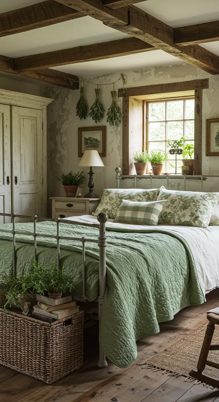 Rustieke slaapkamer met mintgroene sprei, ijzeren bed, gedroogde kruiden, vintage meubels.