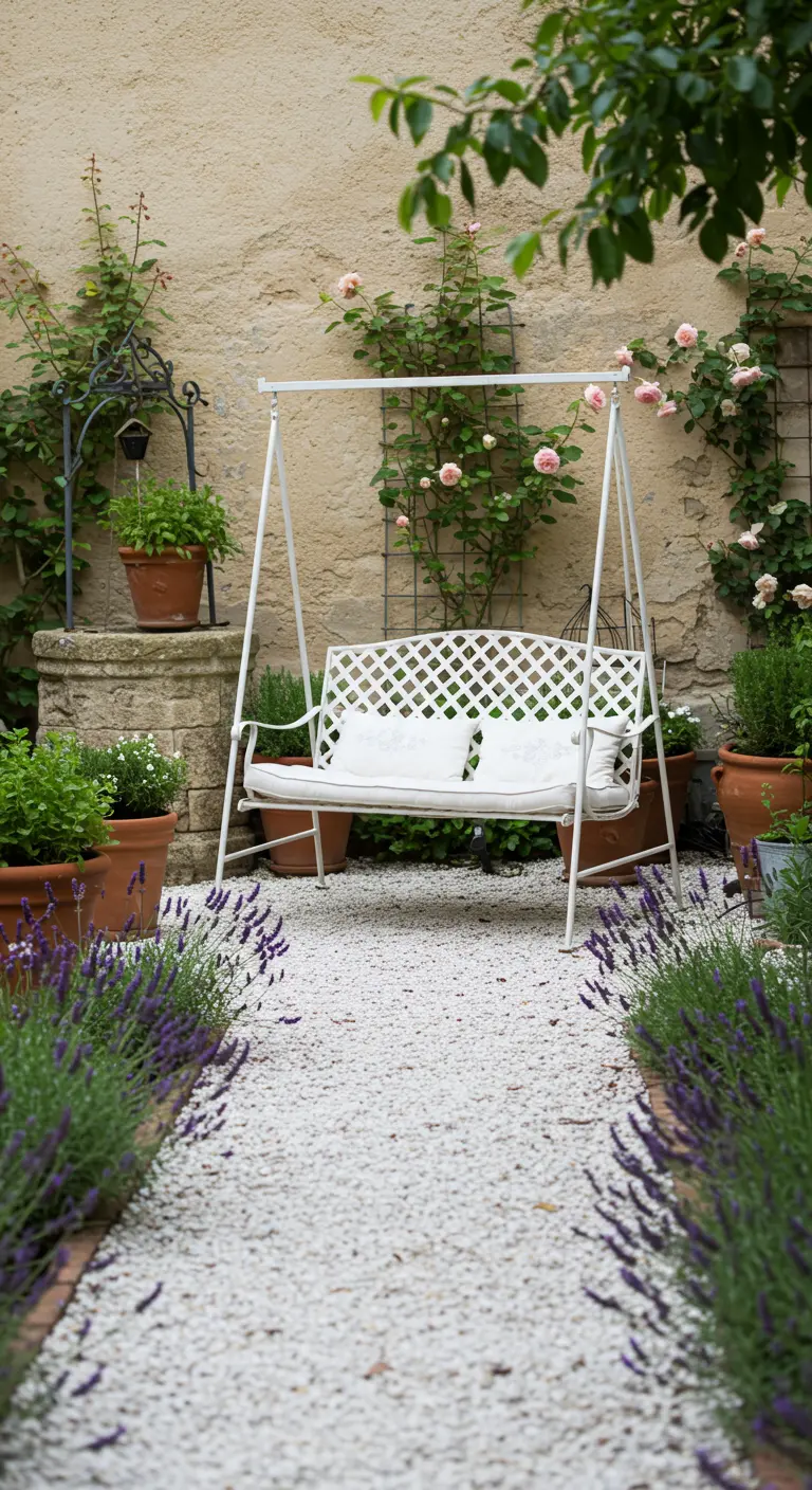 Witte metalen schommelbank op wit grindpad met lavendel en terracotta potten bij stenen muur.