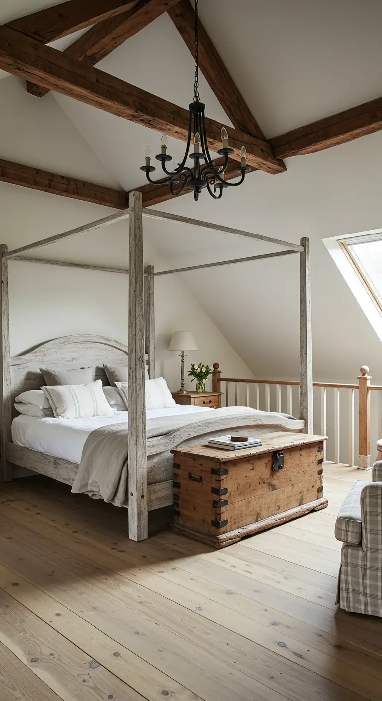 Landelijke slaapkamer met witgekalkt houten hemelbed, zichtbare balken en houten kist.