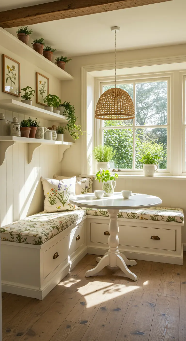 Witte landelijke keuken met houten hoekbank, kussens met bloemenprint, ronde tafel en planken met plantjes.