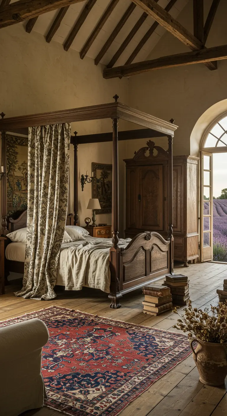 Rustieke slaapkamer met donkerhouten hemelbed, balkenplafond en uitzicht op lavendelvelden.