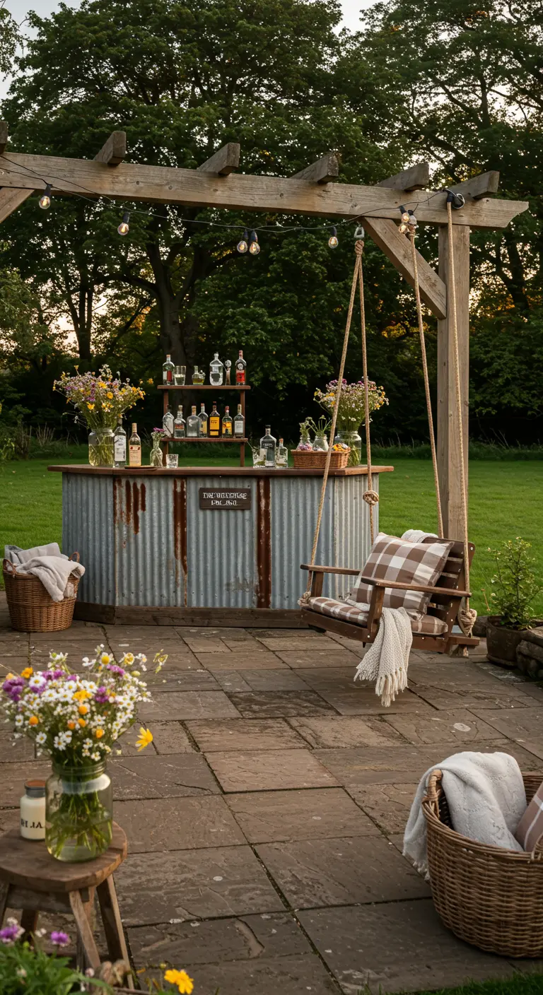 Landelijke buitenbar met houten pergola en schommelstoel met geruit kussen.