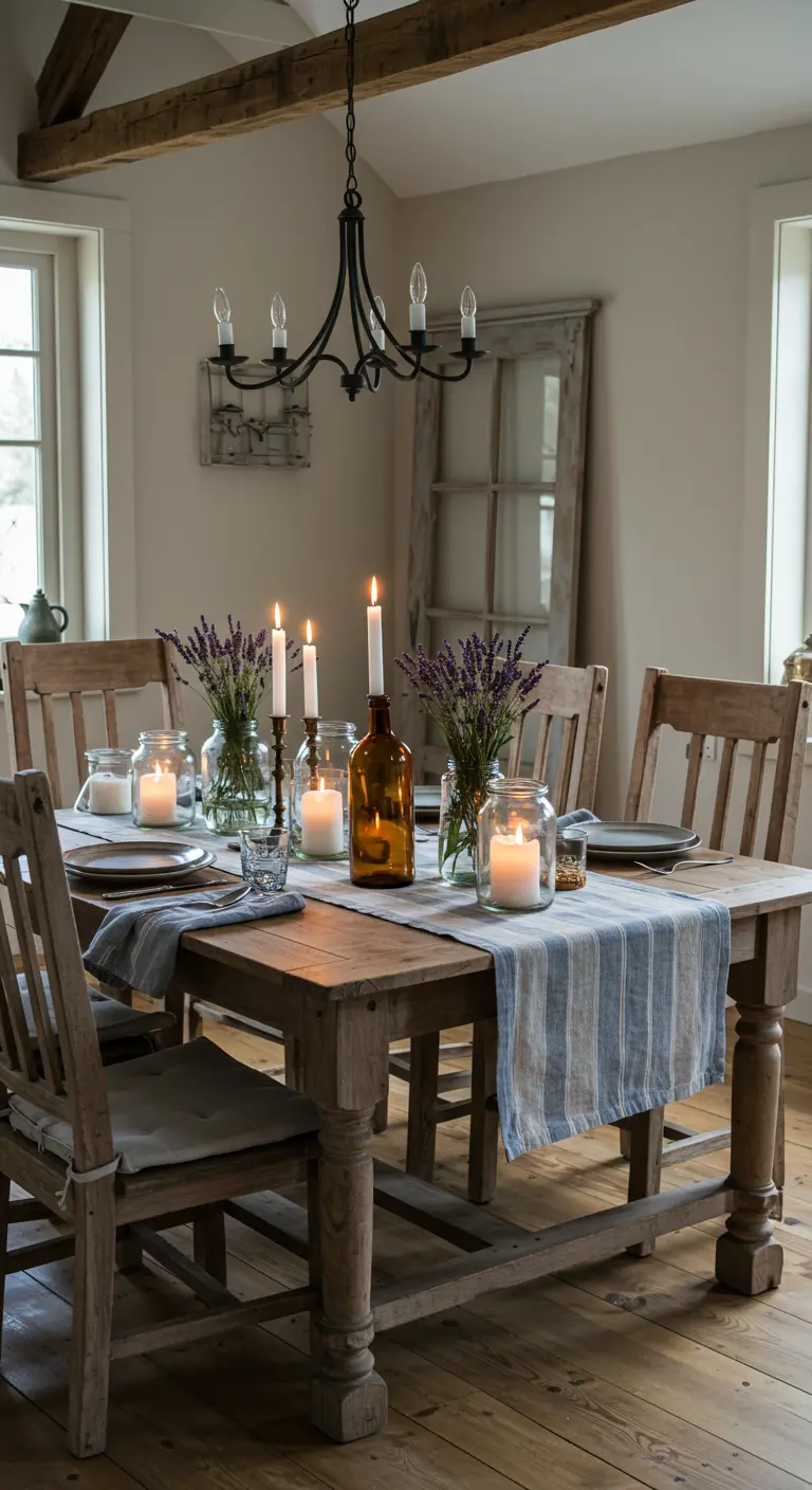 Landelijke houten eettafel met gestreepte loper, lavendel en kaarsen in potten.