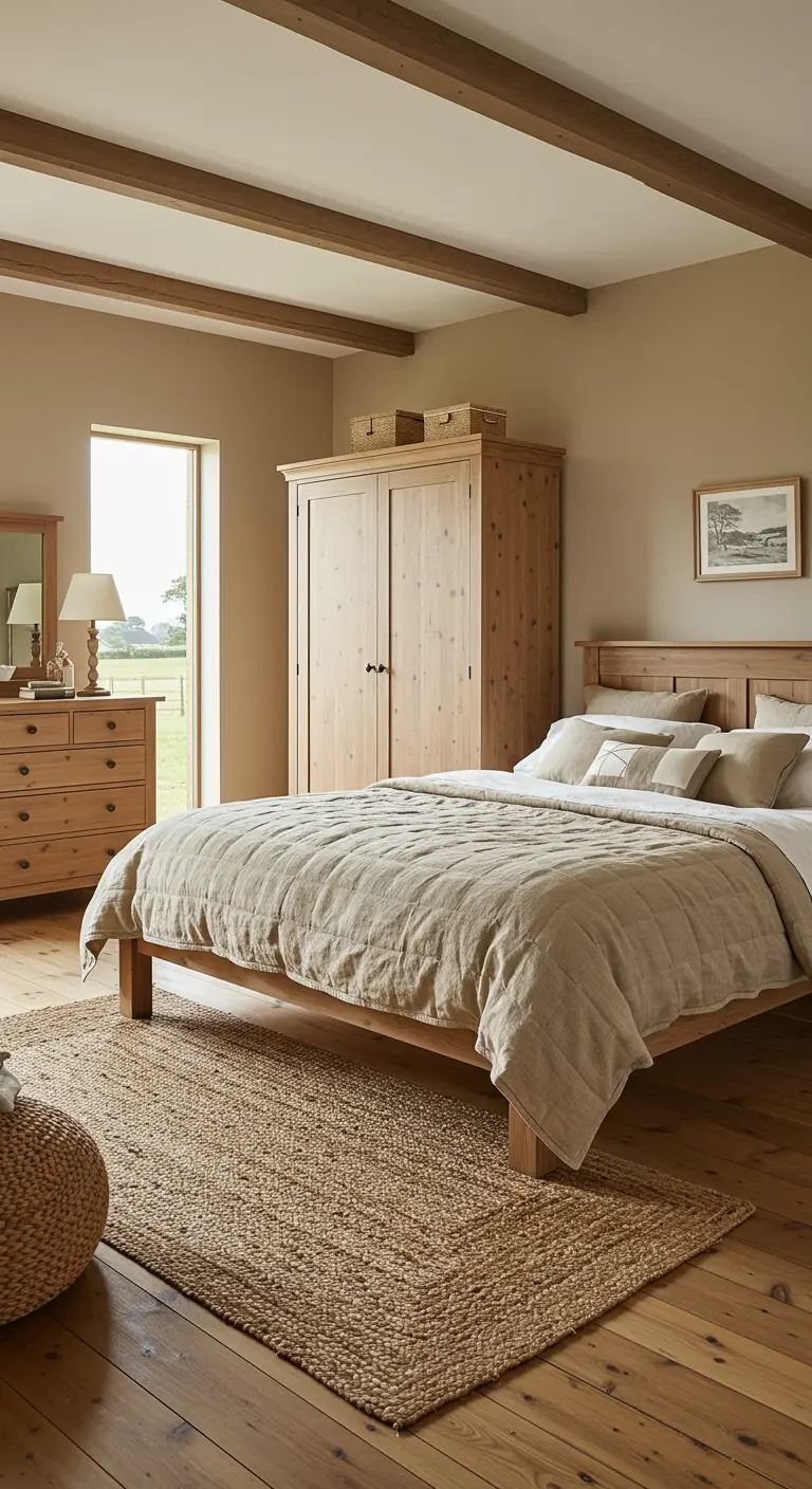 Landelijke slaapkamer met beige muren, massief houten bed en kast, linnen beddengoed en jute vloerkleed.