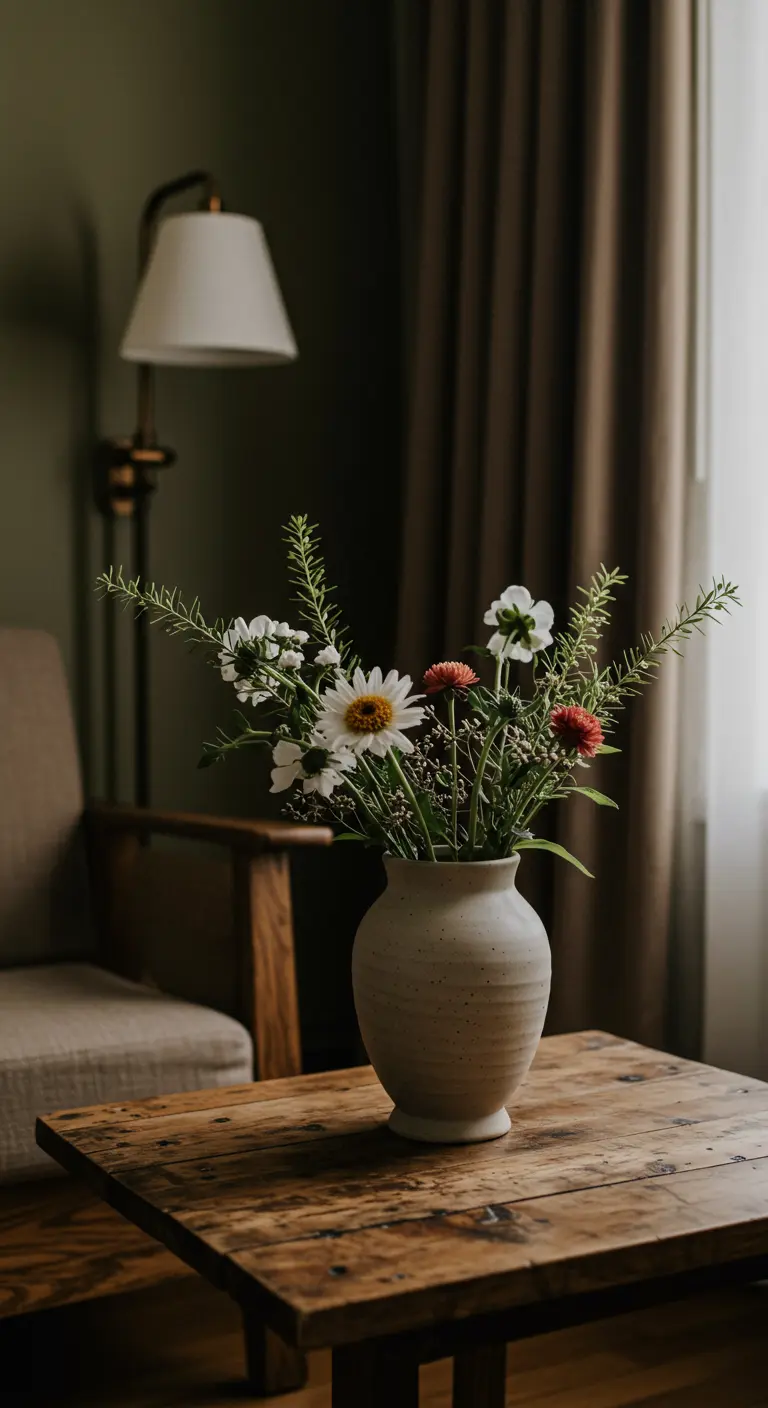 Rustieke houten tafel met een vaas veldbloemen in een landelijke setting.