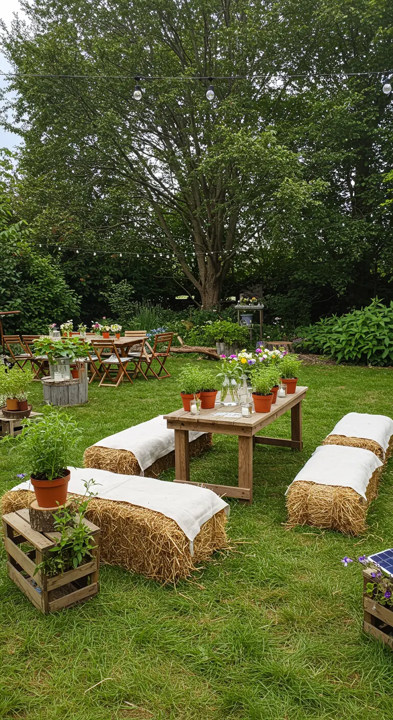 Landelijke zithoek met strobalen, houten tafel en kruiden in potjes.